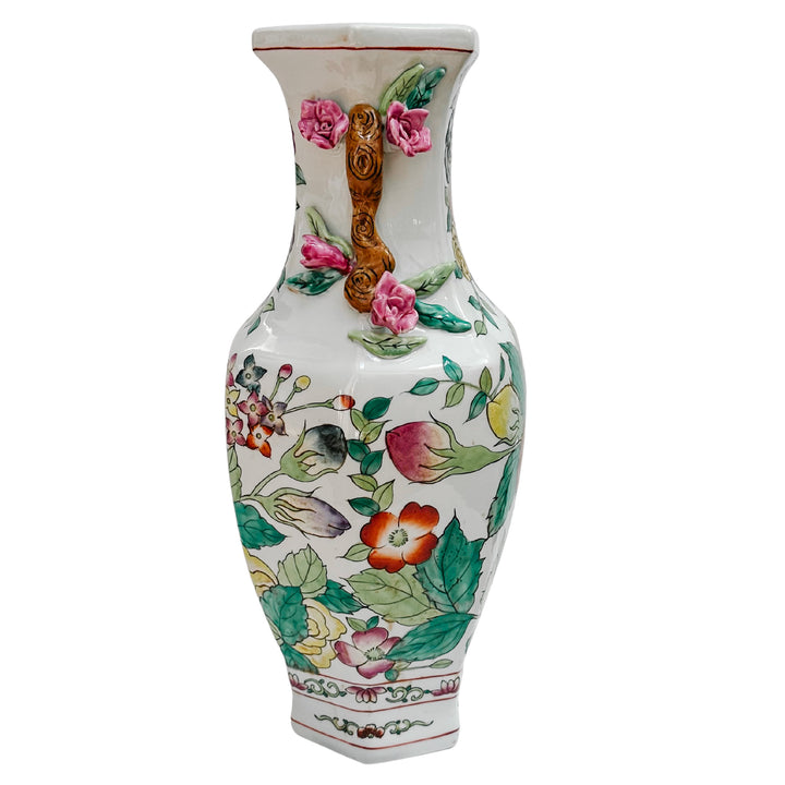 Vintage Famille Rose Floral Vase With Botanical Handles