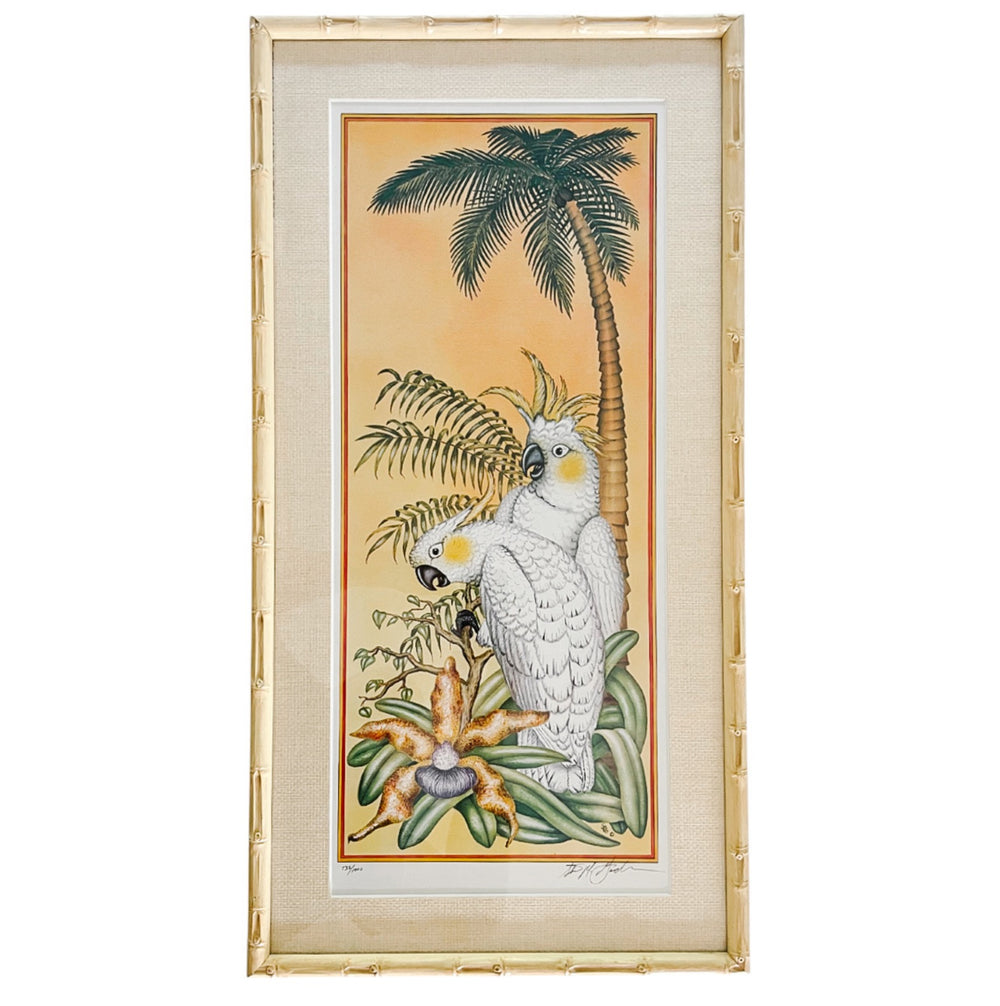 Vintage Faux Bamboo Framed Parrot Prints, Cockatoos & Macaws
