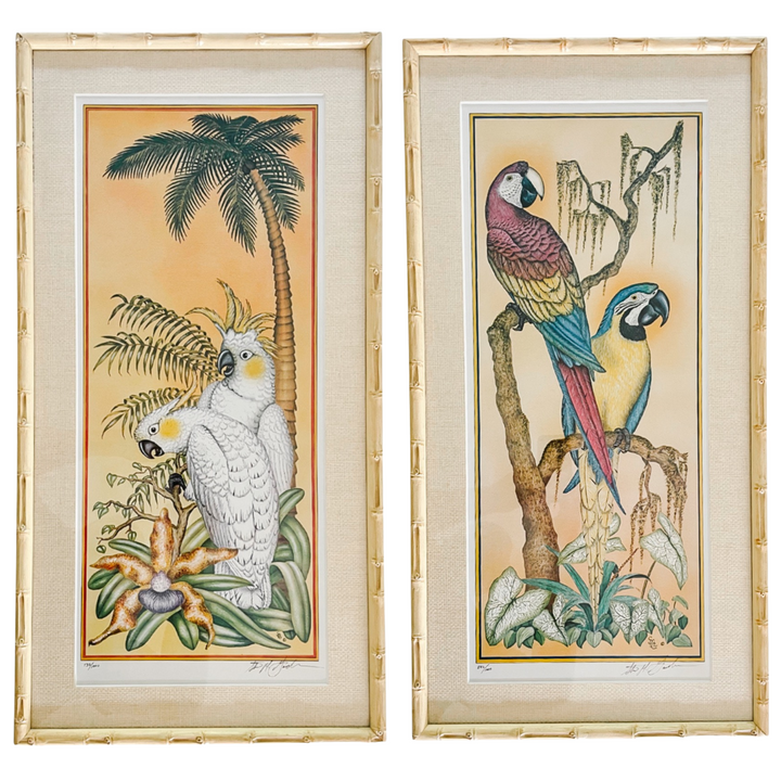 Vintage Faux Bamboo Framed Parrot Prints, Cockatoos & Macaws