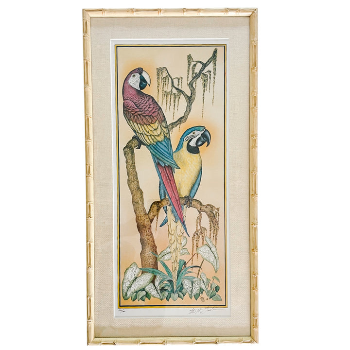 Vintage Faux Bamboo Framed Parrot Prints, Cockatoos & Macaws