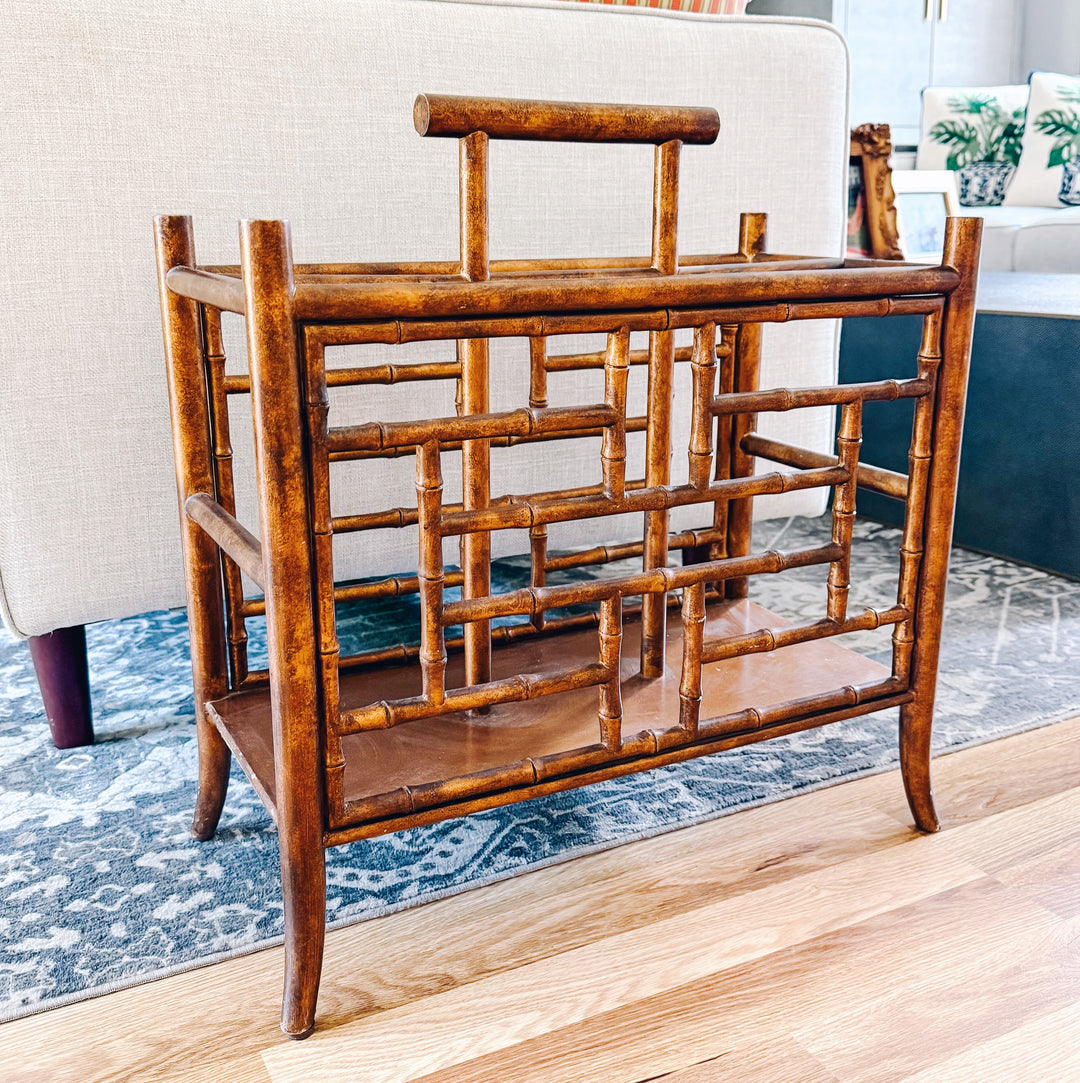 Vintage Faux Bamboo  Chippendale Fretwork Magazine Rack