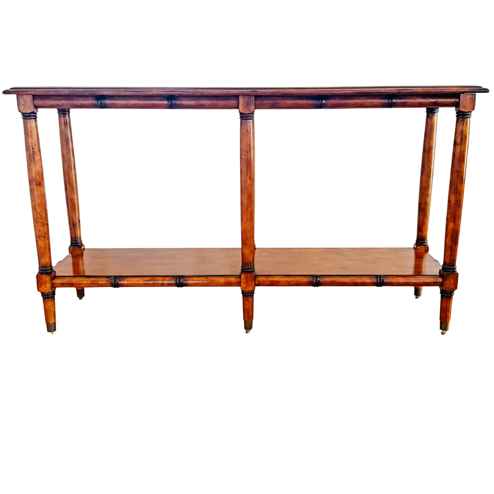 Vintage Faux Bamboo & Maple Inset Glass Console Table