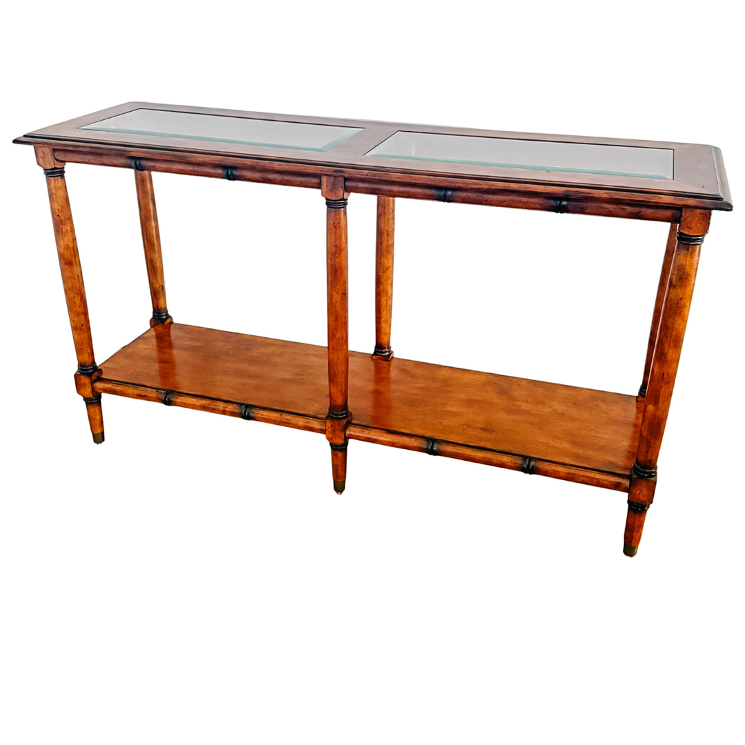 Vintage Faux Bamboo & Maple Inset Glass Console Table