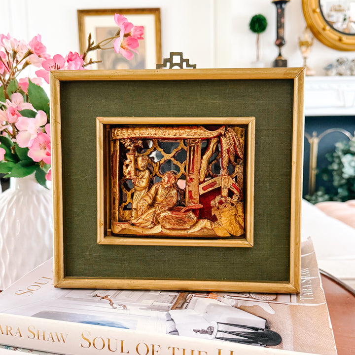 Vintage Framed Chinese Gilt Wood Architectural Carving With Mirrored Background