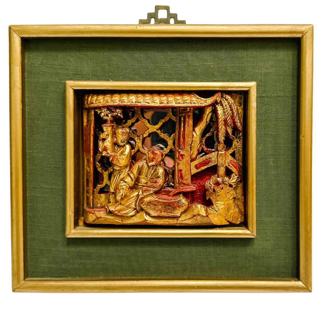 Vintage Framed Chinese Gilt Wood Architectural Carving With Mirrored Background