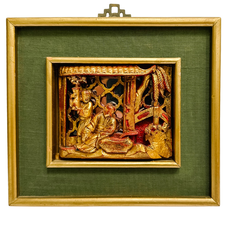 Vintage Framed Chinese Gilt Wood Architectural Carving With Mirrored Background