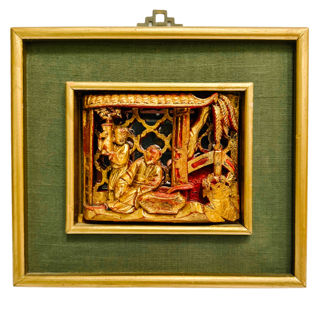 Vintage Framed Chinese Gilt Wood Architectural Carving With Mirrored Background
