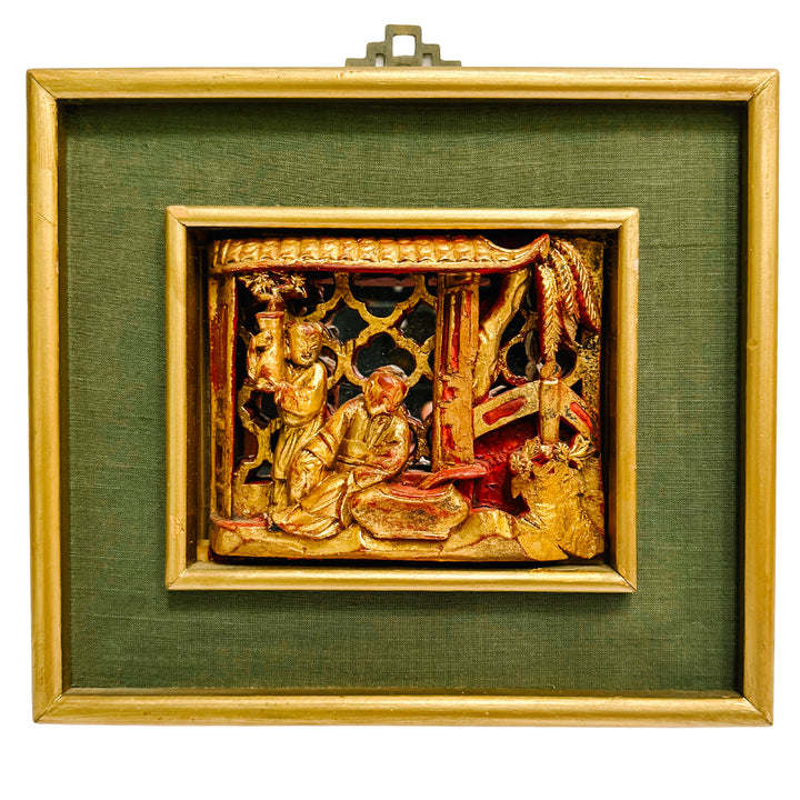 Vintage Framed Chinese Gilt Wood Architectural Carving With Mirrored Background