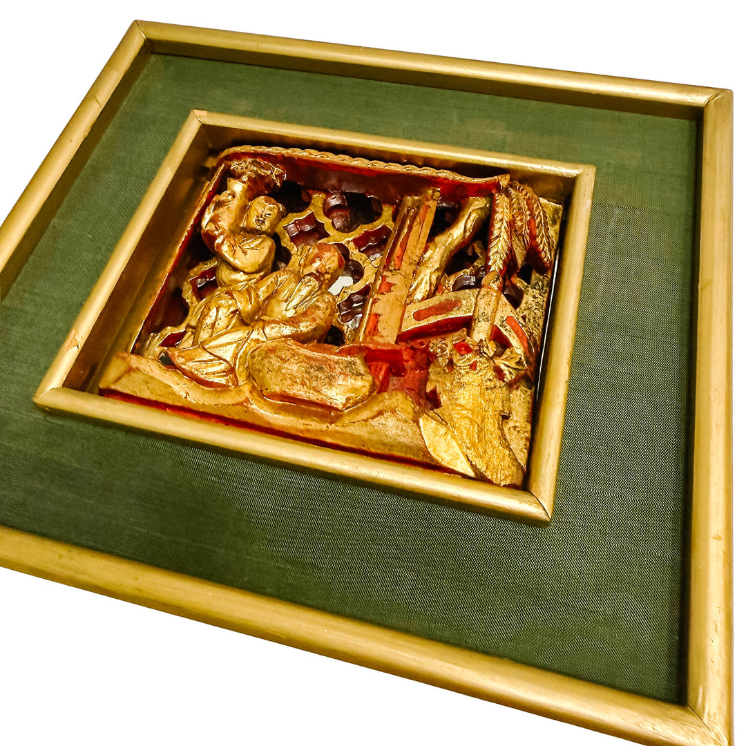 Vintage Framed Chinese Gilt Wood Architectural Carving With Mirrored Background