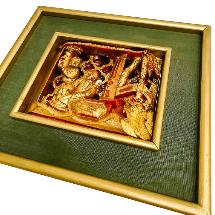 Vintage Framed Chinese Gilt Wood Architectural Carving With Mirrored Background