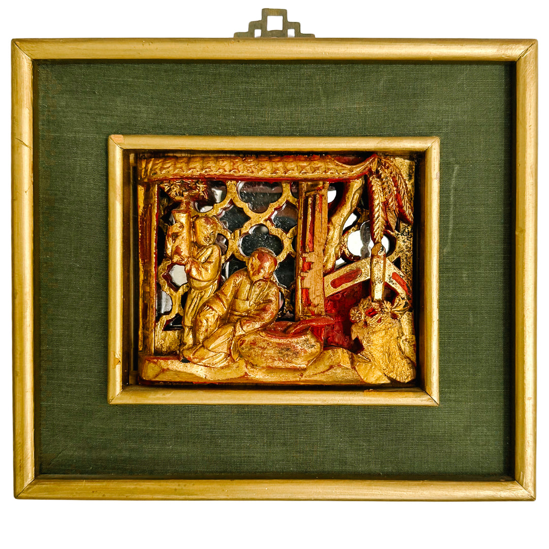 Vintage Framed Chinese Gilt Wood Architectural Carving With Mirrored Background