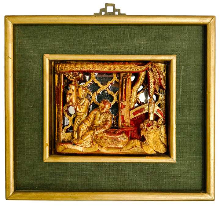 Vintage Framed Chinese Gilt Wood Architectural Carving With Mirrored Background