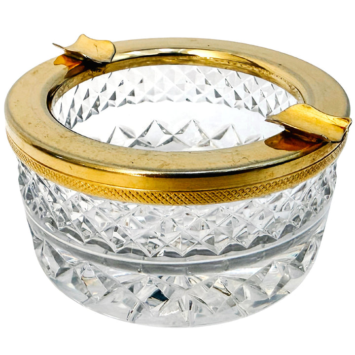 Vintage French Diamond-Cut Crystal Ashtray with Gilded Rim