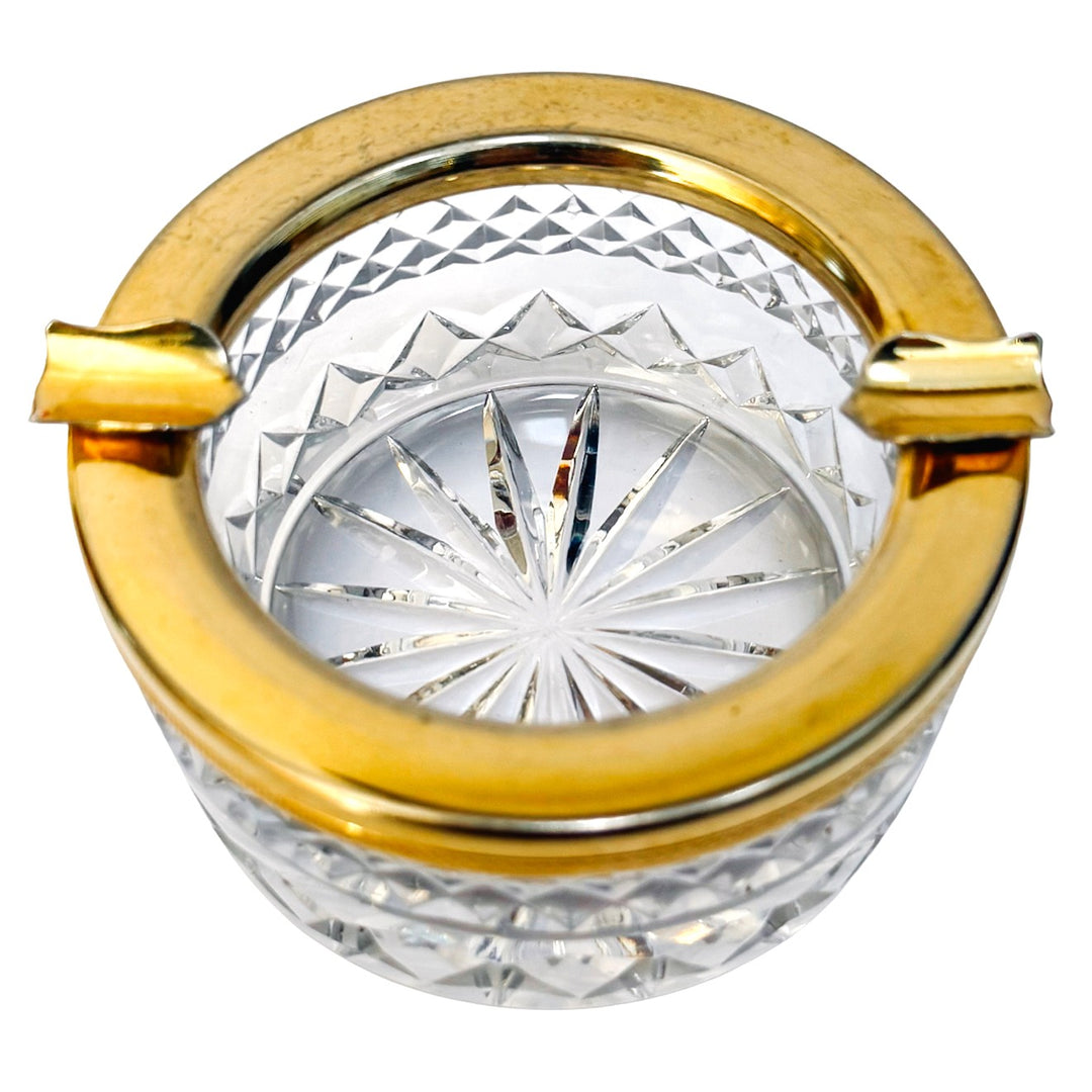 Vintage French Diamond-Cut Crystal Ashtray with Gilded Rim