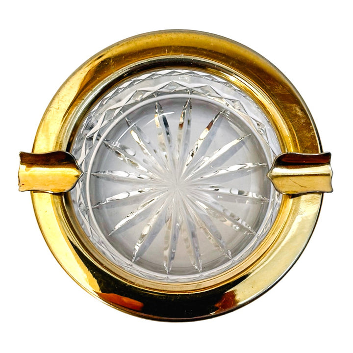 Vintage French Diamond-Cut Crystal Ashtray with Gilded Rim
