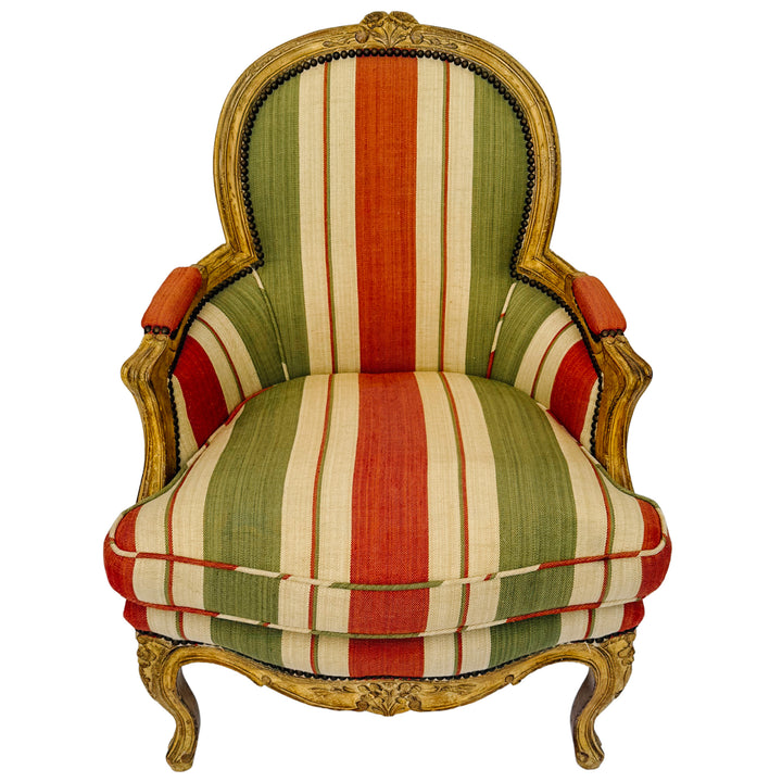 Vintage French Louis XV Bergère en Cabriolet Chairs With Striped Upholstery (11)