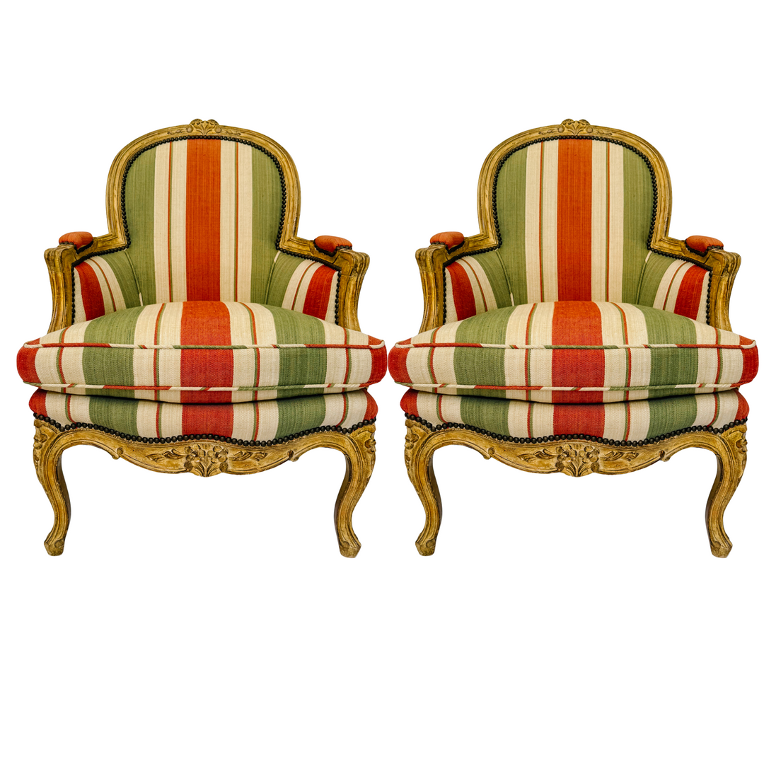 Vintage French Louis XV Bergère en Cabriolet Chairs With Striped Upholstery (11)