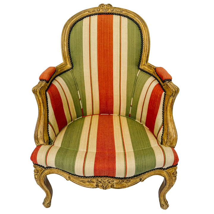 Vintage French Louis XV Bergère en Cabriolet Chairs With Striped Upholstery (11)