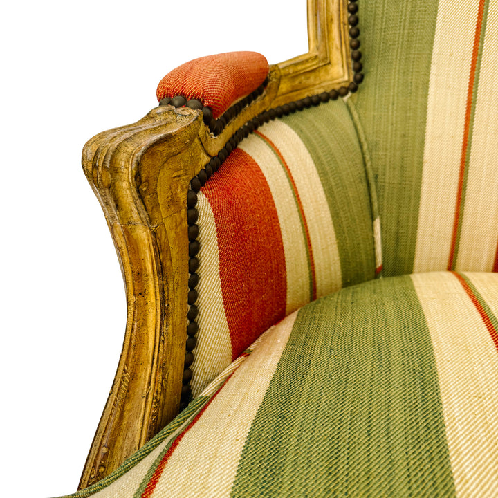 Vintage French Louis XV Bergère en Cabriolet Chairs With Striped Upholstery (11)