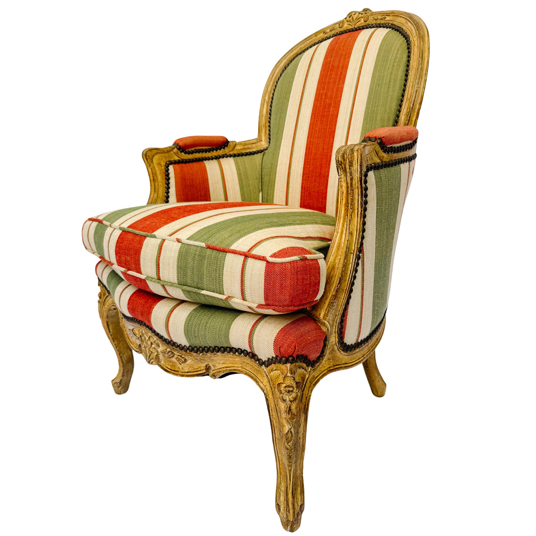 Vintage French Louis XV Bergère en Cabriolet Chairs With Striped Upholstery (11)