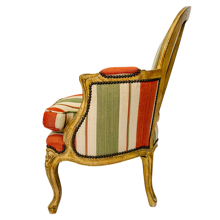 Vintage French Louis XV Bergère en Cabriolet Chairs With Striped Upholstery (11)