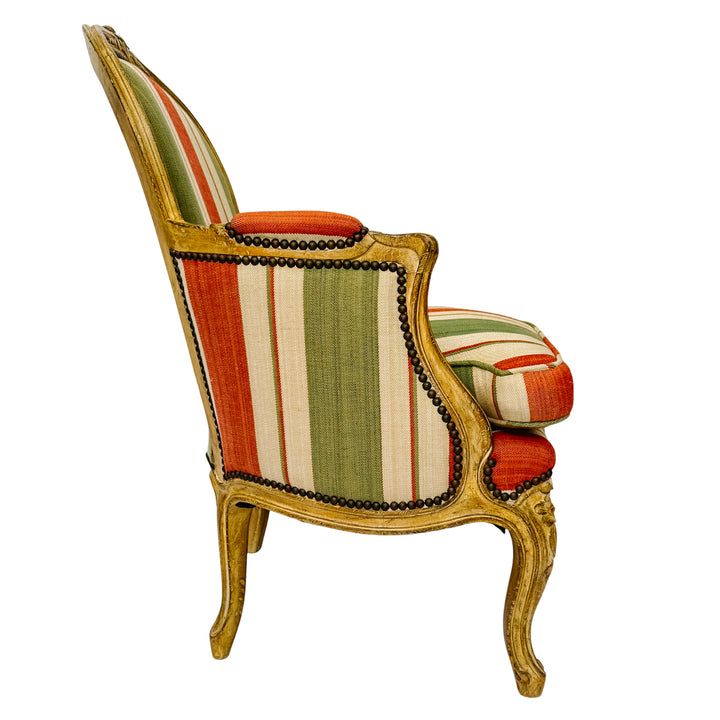 Vintage French Louis XV Bergère en Cabriolet Chairs With Striped Upholstery (11)