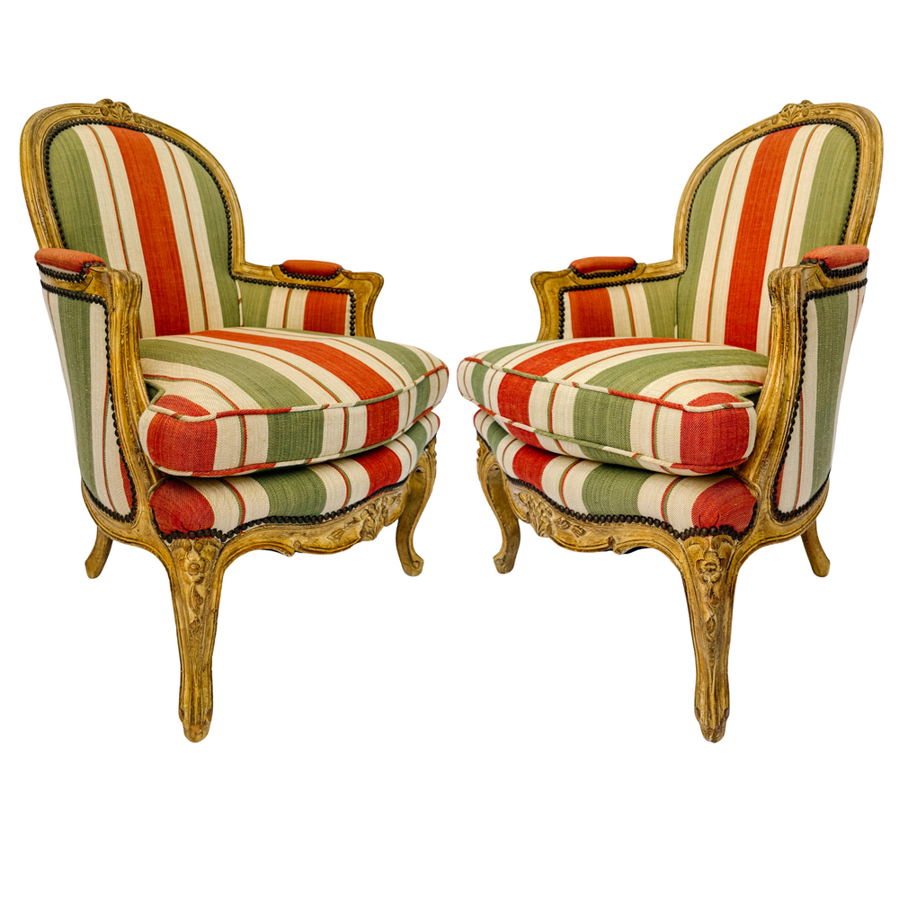 Vintage French Louis XV Bergère en Cabriolet Chairs With Striped Upholstery (11)