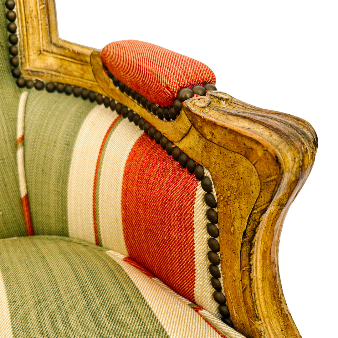 Vintage French Louis XV Bergère en Cabriolet Chairs With Striped Upholstery (11)