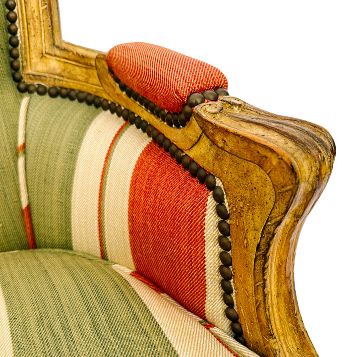 Vintage French Louis XV Bergère en Cabriolet Chairs With Striped Upholstery (11)