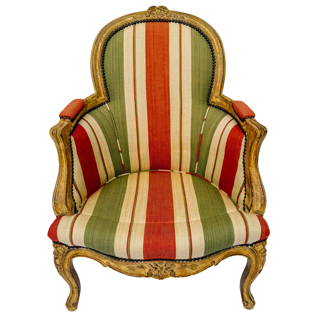 Vintage French Louis XV Bergère en Cabriolet Chairs With Striped Upholstery (11)