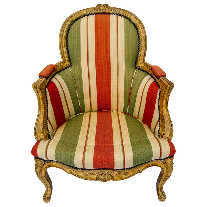 Vintage French Louis XV Bergère en Cabriolet Chairs With Striped Upholstery (11)