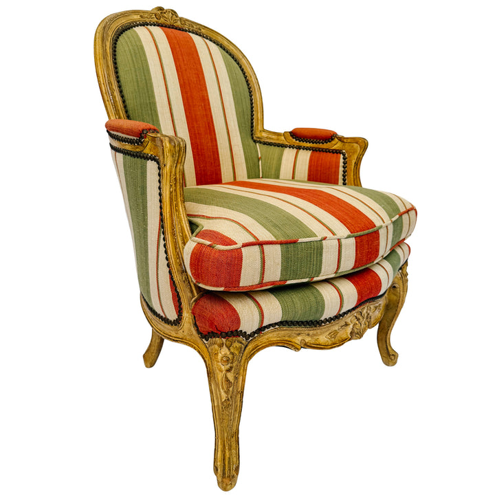 Vintage French Louis XV Bergère en Cabriolet Chairs With Striped Upholstery (11)