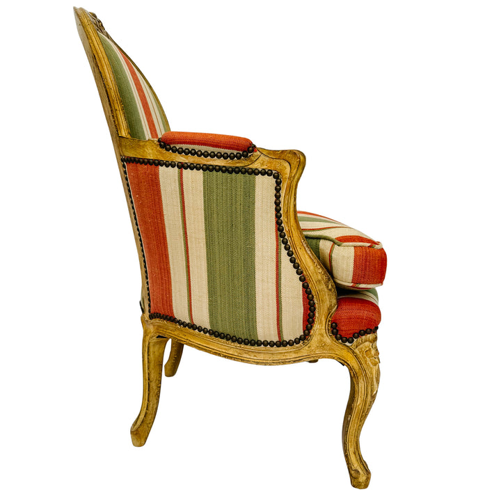 Vintage French Louis XV Bergère en Cabriolet Chairs With Striped Upholstery (11)