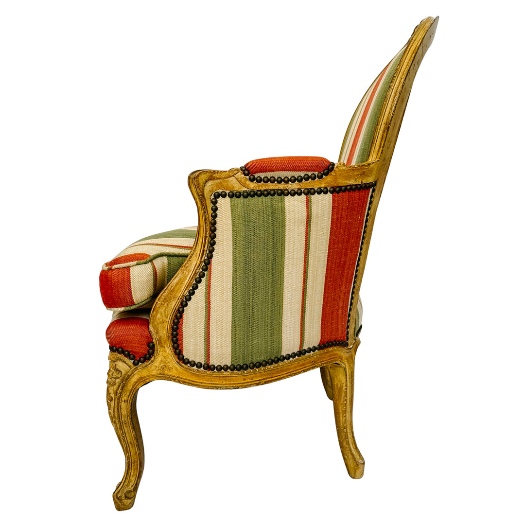 Vintage French Louis XV Bergère en Cabriolet Chairs With Striped Upholstery (11)