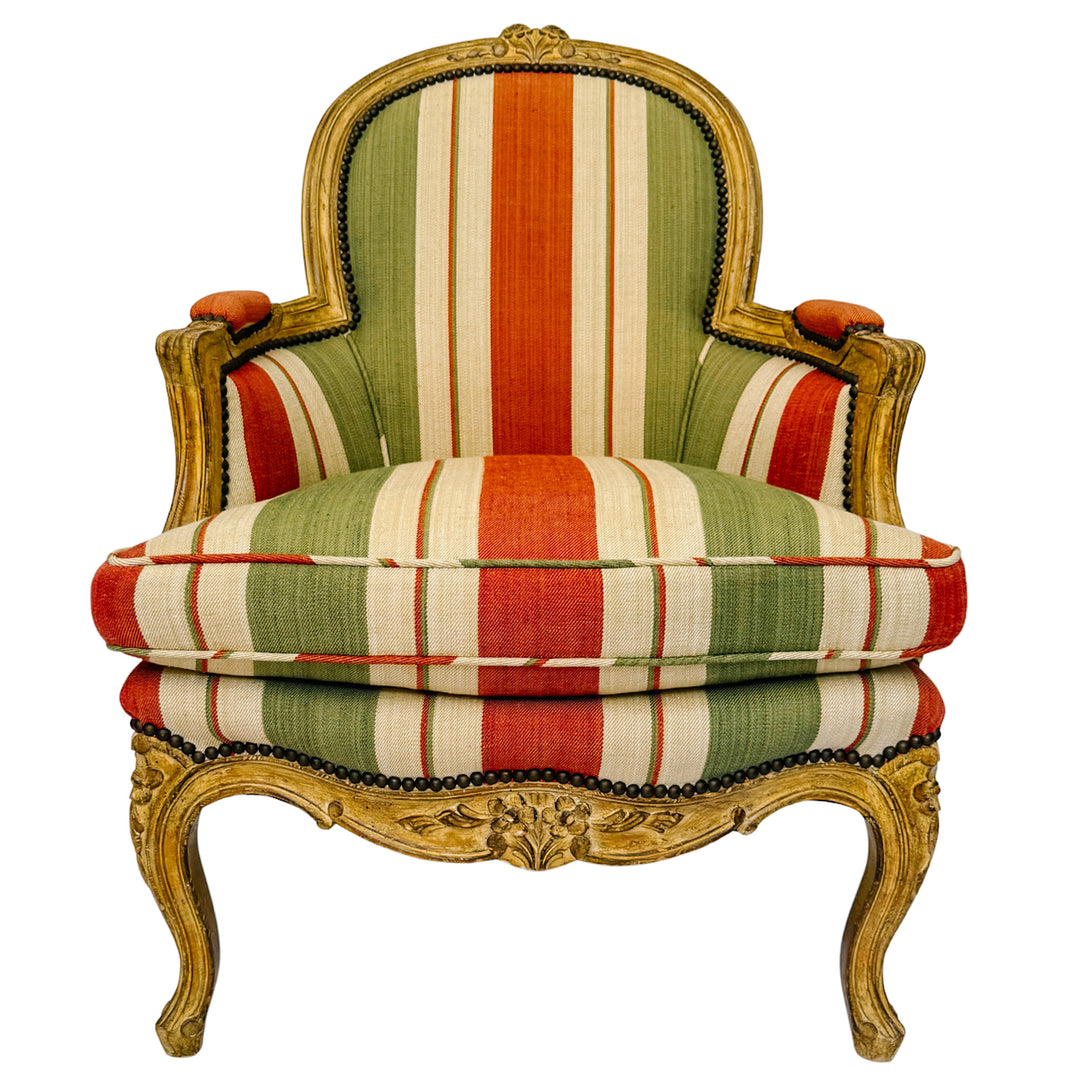 Vintage French Louis XV Bergère en Cabriolet Chairs With Striped Upholstery (11)
