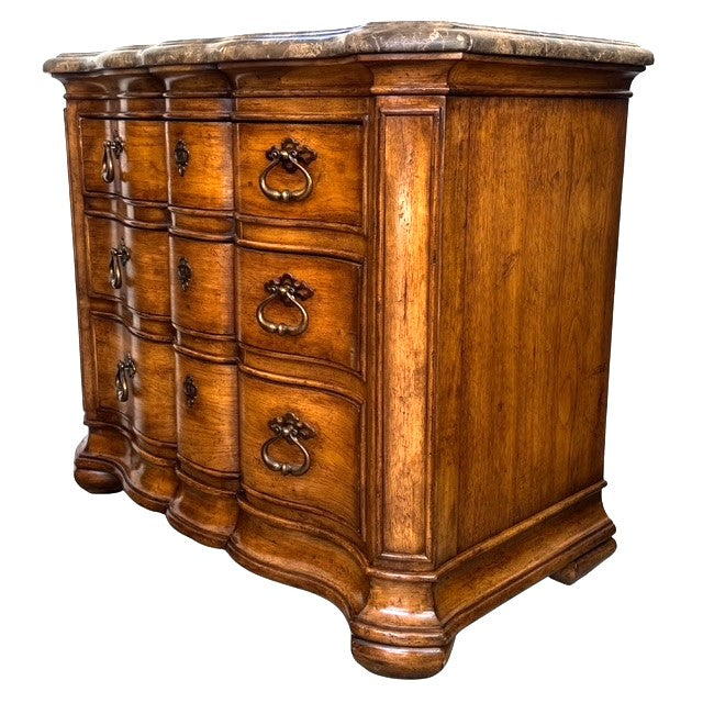 1980 French Louis XV Style Marble Top 3-Drawer Serpentine Nightstands / Commodes by Thomasville