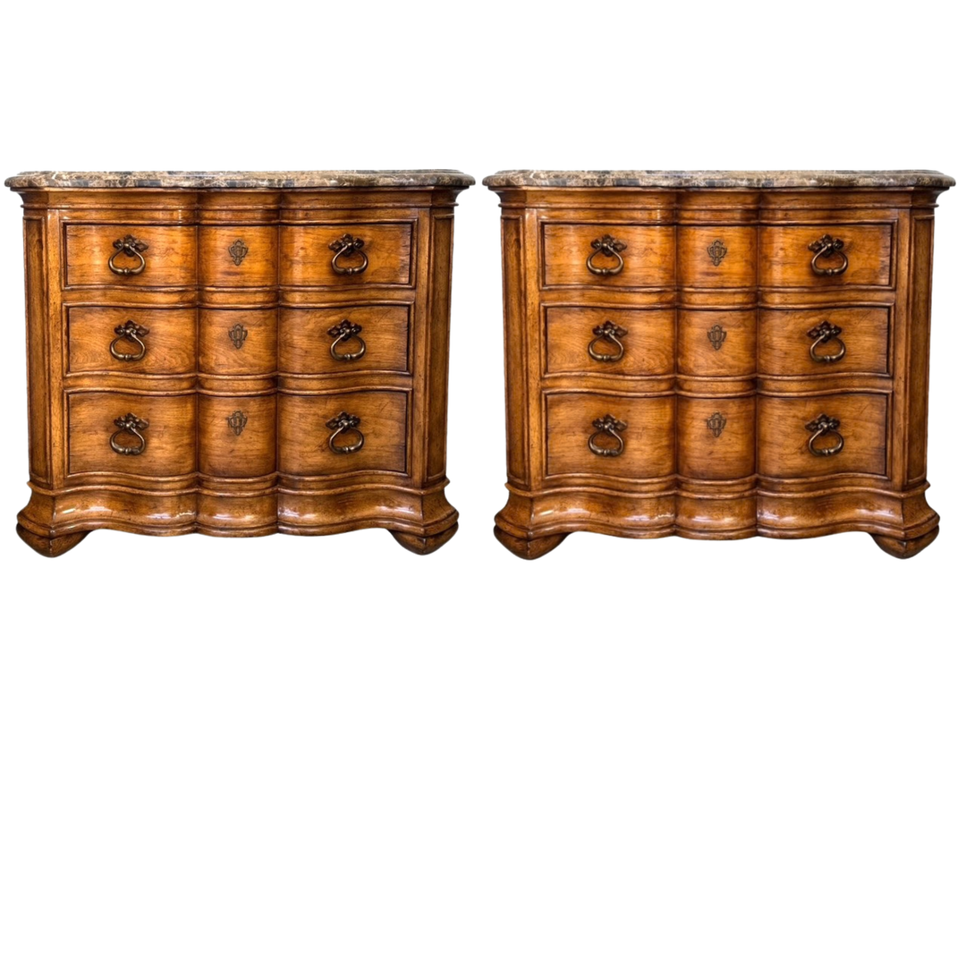 1980 French Louis XV Style Marble Top 3-Drawer Serpentine Nightstands / Commodes by Thomasville