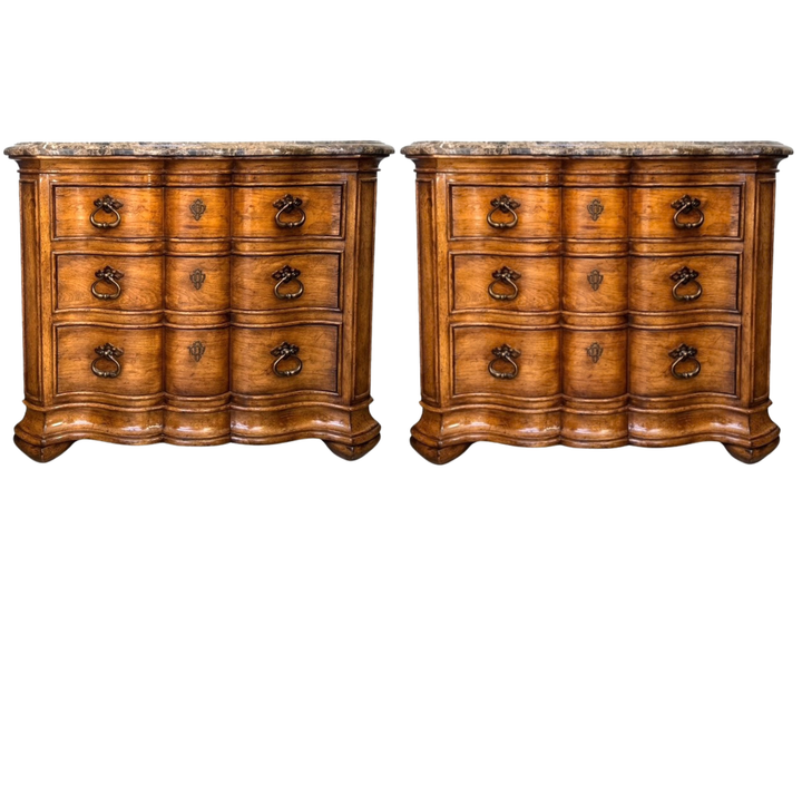 1980 French Louis XV Style Marble Top 3-Drawer Serpentine Nightstands / Commodes by Thomasville