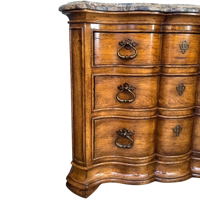 1980 French Louis XV Style Marble Top 3-Drawer Serpentine Nightstands / Commodes by Thomasville