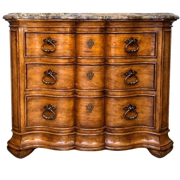 1980 French Louis XV Style Marble Top 3-Drawer Serpentine Nightstands / Commodes by Thomasville