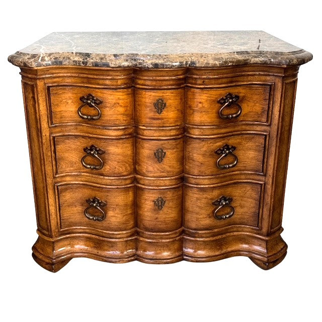 1980 French Louis XV Style Marble Top 3-Drawer Serpentine Nightstands / Commodes by Thomasville