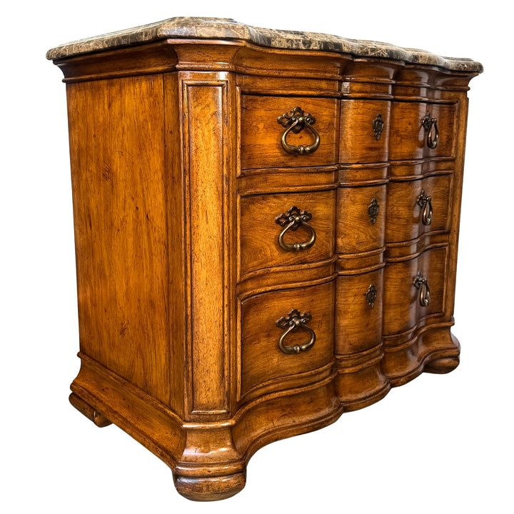 1980 French Louis XV Style Marble Top 3-Drawer Serpentine Nightstands / Commodes by Thomasville