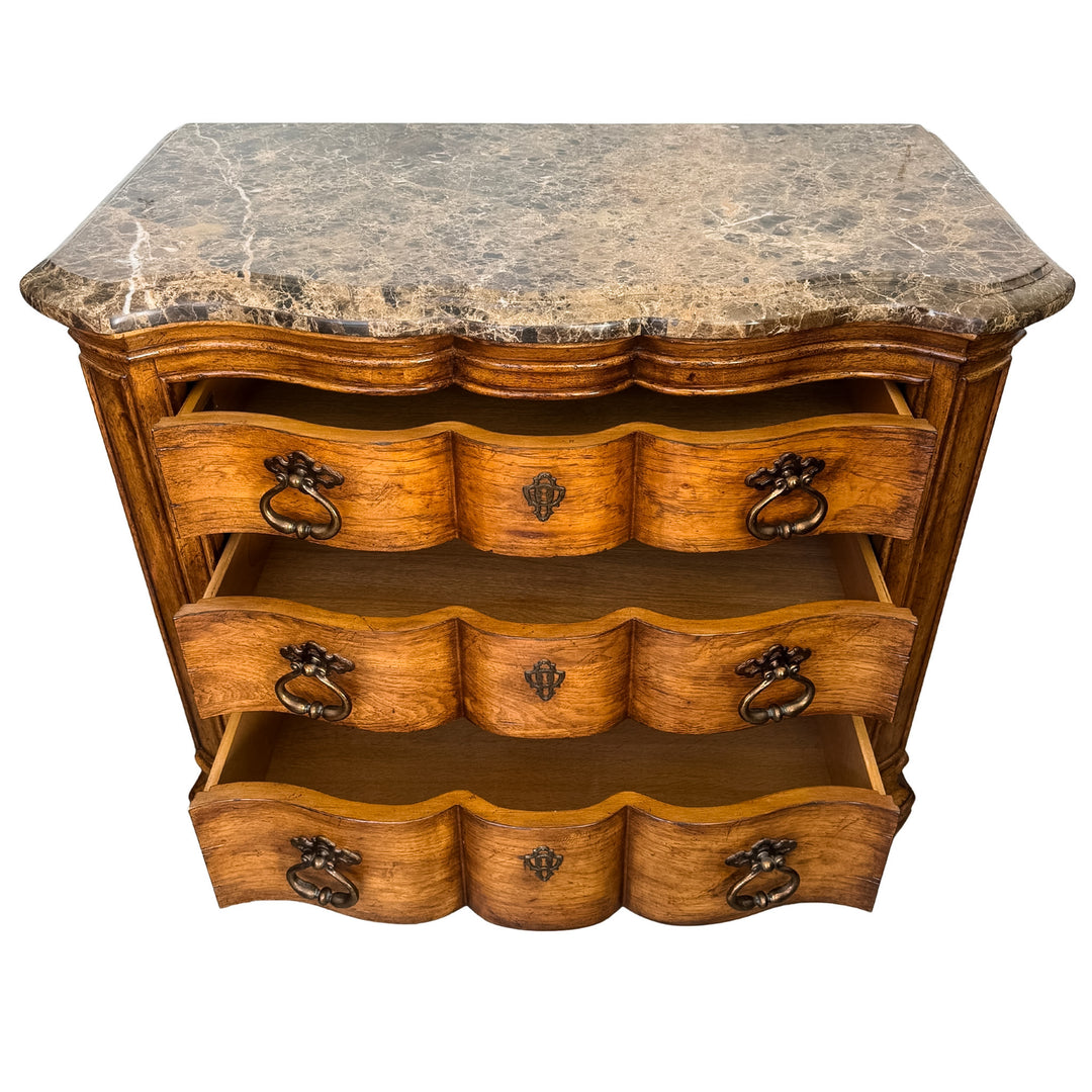 1980 French Louis XV Style Marble Top 3-Drawer Serpentine Nightstands / Commodes by Thomasville
