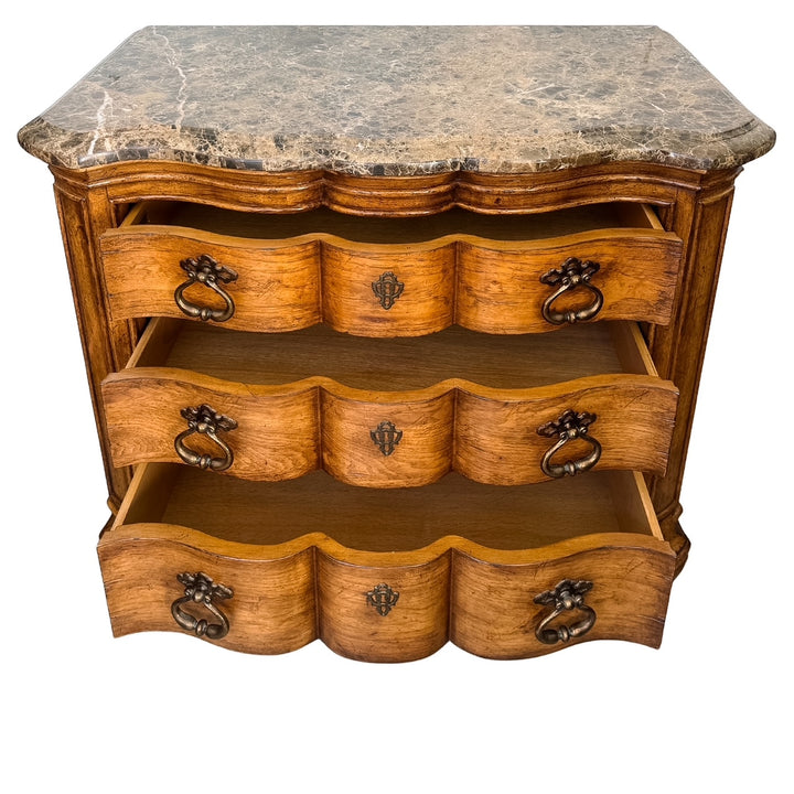 1980 French Louis XV Style Marble Top 3-Drawer Serpentine Nightstands / Commodes by Thomasville