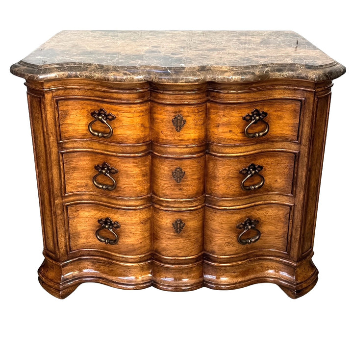 1980 French Louis XV Style Marble Top 3-Drawer Serpentine Nightstands / Commodes by Thomasville