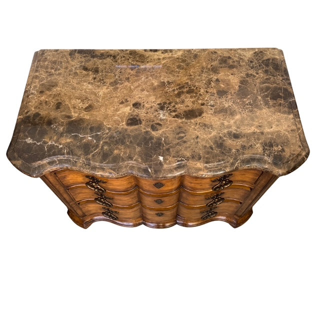 1980 French Louis XV Style Marble Top 3-Drawer Serpentine Nightstands / Commodes by Thomasville