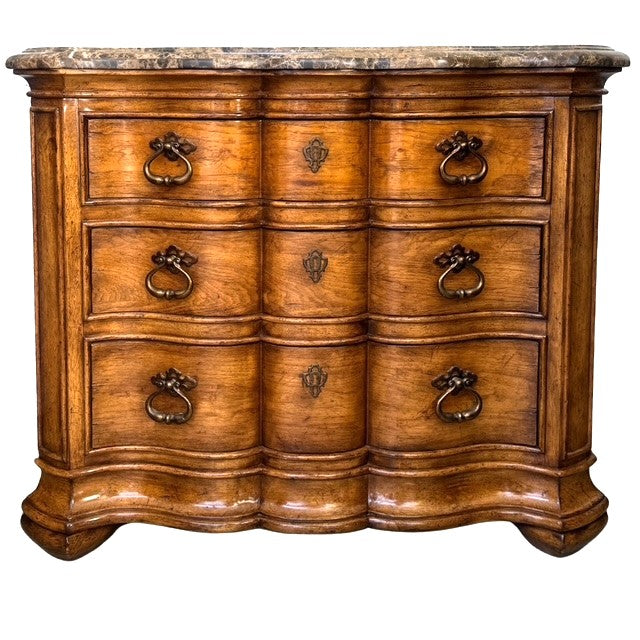 1980 French Louis XV Style Marble Top 3-Drawer Serpentine Nightstands / Commodes by Thomasville