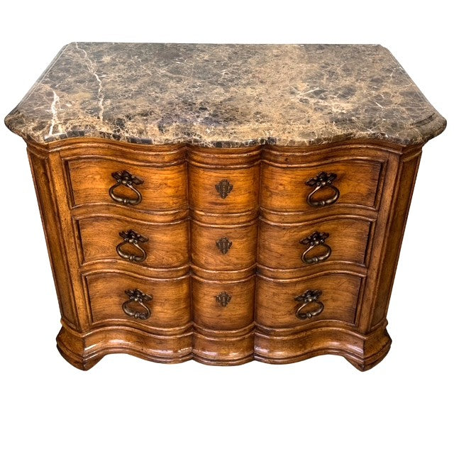 1980 French Louis XV Style Marble Top 3-Drawer Serpentine Nightstands / Commodes by Thomasville