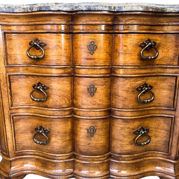 1980 French Louis XV Style Marble Top 3-Drawer Serpentine Nightstands / Commodes by Thomasville