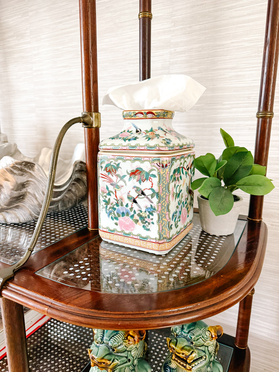 Vintage French Mahogany Faux Bamboo & Cane Etagere / Baker’s Rack